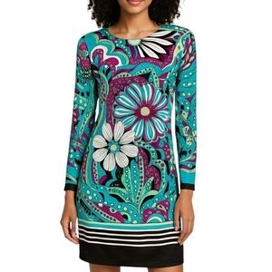 Cache Silk Floral Shift Dress, Size 12, Y2K  Teal Purple Border Print